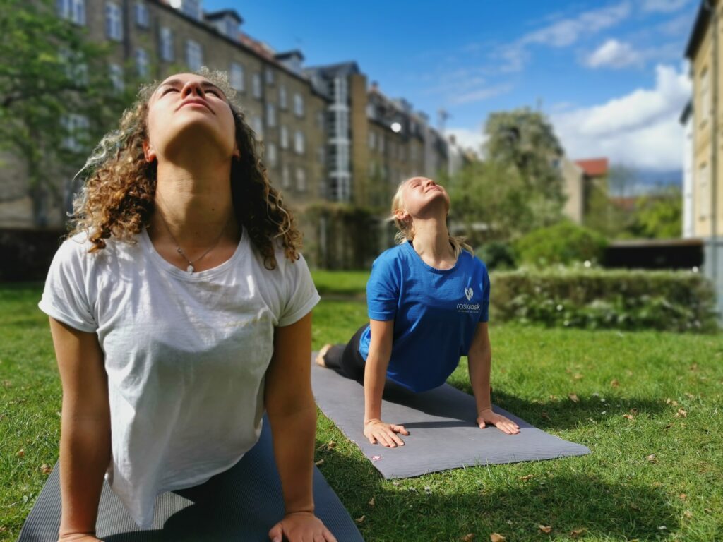 To unge kvinder dyrker yoga og strækker ud udenfor under blå himmel og grønt græs i solskin. De er glade og smiler. 