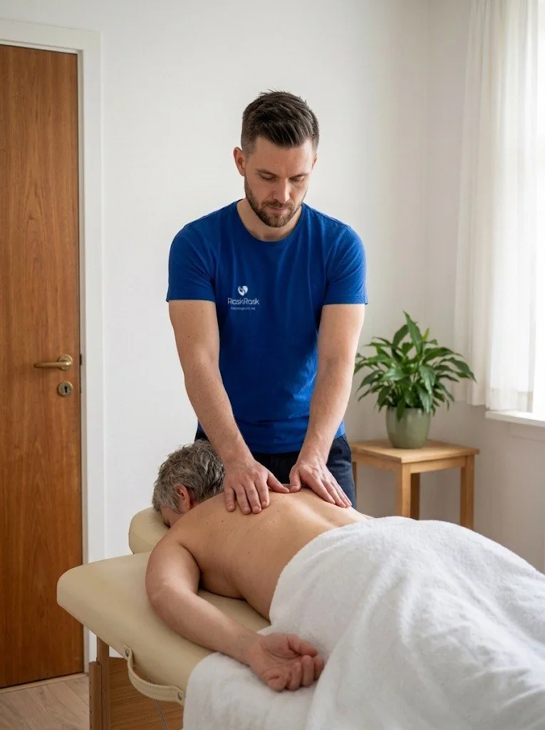 Massøren i RaskRasks trøje giver massage i et lukket lokale